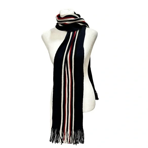 Vintage Tommy Hilfiger Embroidered Scarf Navy Blue With Red & White Stripes - Picture 2 of 6